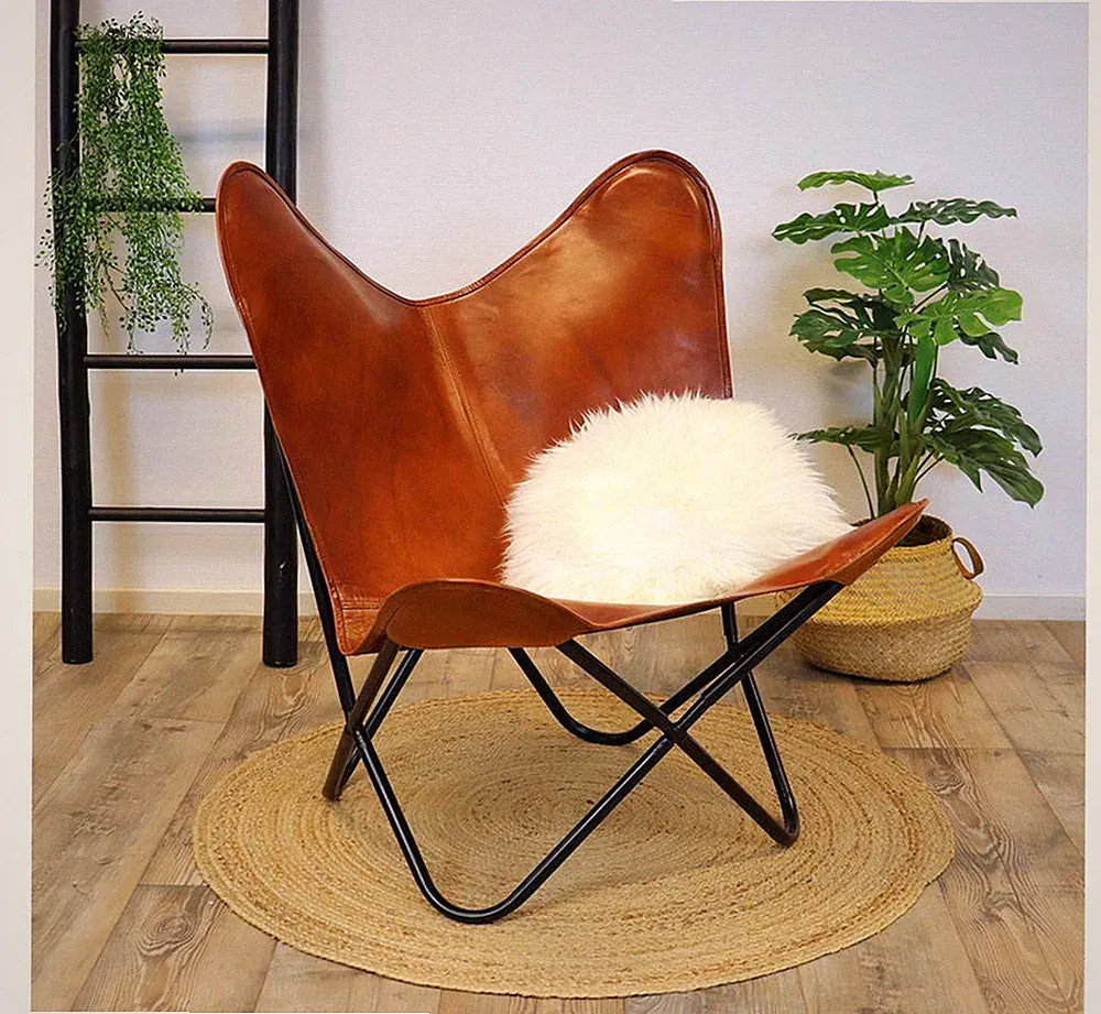 2x Ten Rustic Vintage Leather Butterfly Chair Folding Lounge Chair Boho Accent P