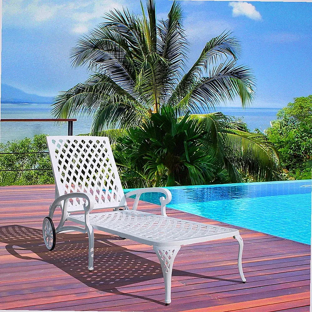 3-Position Reclining Outdoor Chaise Lounge - Cast Aluminum, Wheels, Weatherproof