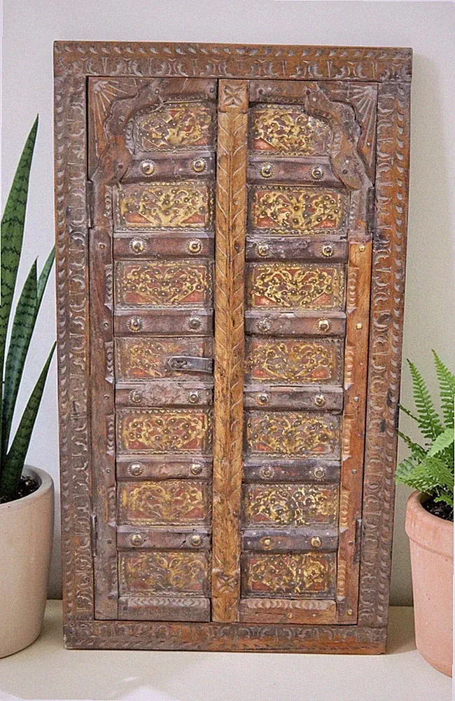 Antique Wooden Large Window Frame With 2 Panels Original Old Fine Brass Metal Fi