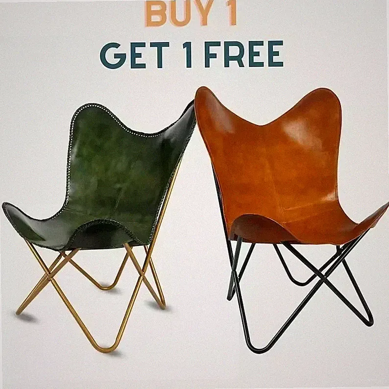 Vintage Butterfly Chair Real Buffalo Leather Lounge Accent Relax Arm Chair Combo